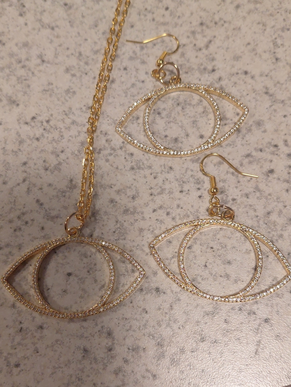 Gold Crystal Eye Pendant Necklace and Earrings Set